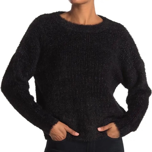 FRNCH Paris Black Long Sleeve Round Neck Eyelash Glitter Cropped Sweater NWT - Picture 3 of 6